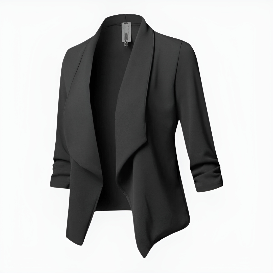 Blazer femme chic Adelheid avec un devant ouvert et des manches trois-quarts élégantes.