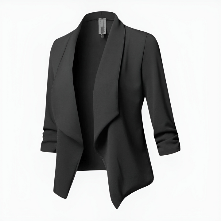 Blazer femme chic Adelheid avec un devant ouvert et des manches trois-quarts élégantes.