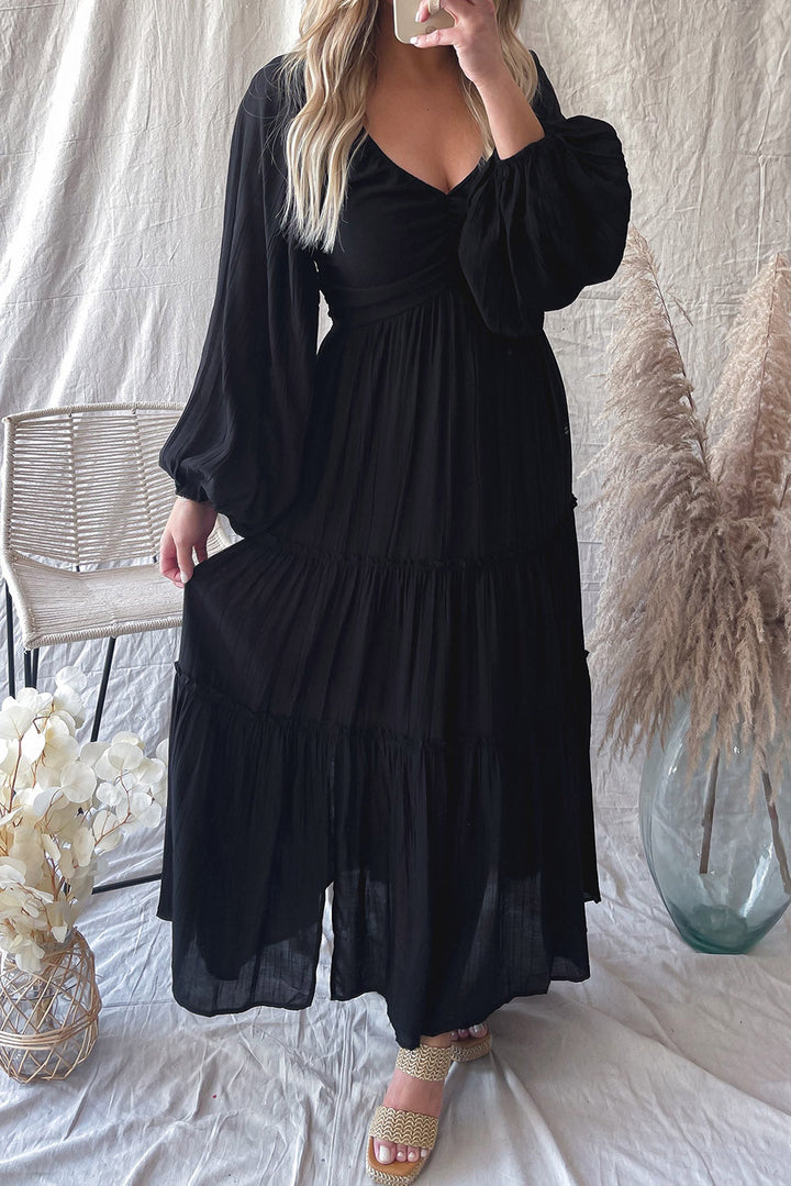 Dressing gown maxi élégante Alessia à décolleté en V avec détail de noeud et effet frange pour un look sophistiqué.