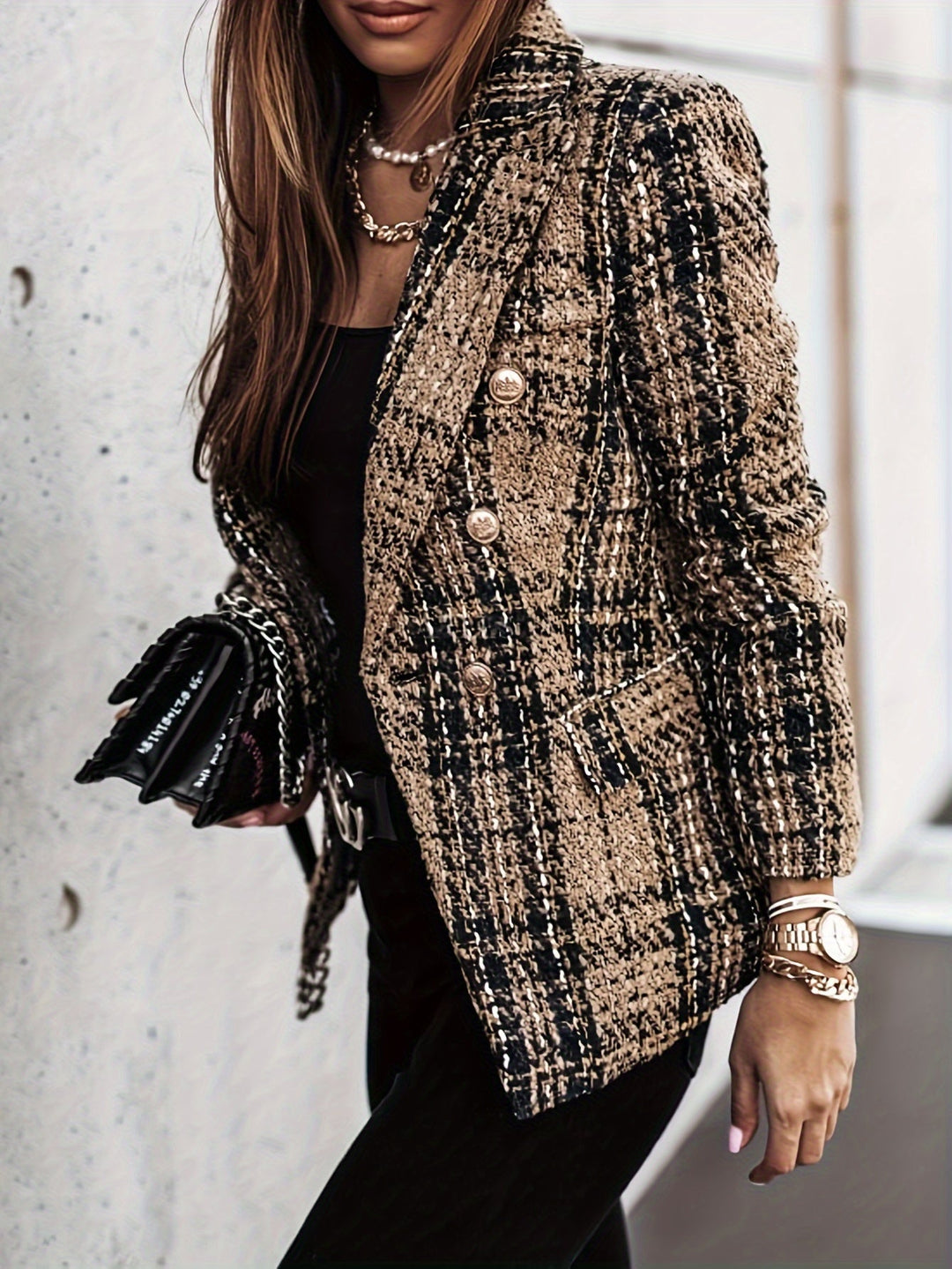Genevieve | Blazer en Tweed Élégant à Double Boutonnage - Veste à Carreaux Élégante à Manches Longues pour le Bureau et le Travail pour Femmes