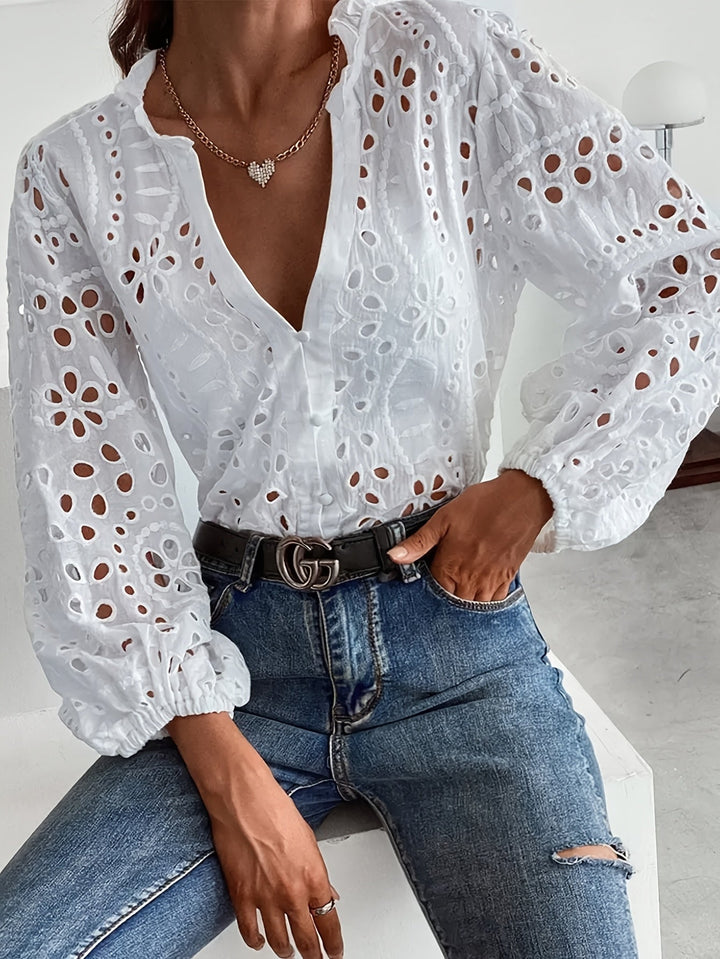 Miruna | Chemisier en Coton à Broderie à Oeillets pour Femme avec Col Élégant - Blouse Casual Chic