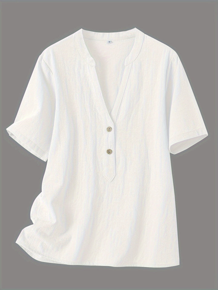 Blouse Femme Élégante Mattea à Encolure en V, Manches Courtes et Détail de Boutonnière Chic