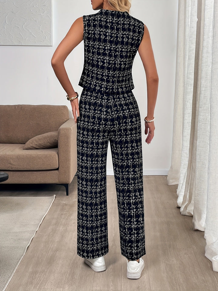 Klaudia | Ensemble haut sans manches et pantalon en tweed à carreaux chic pour femmes