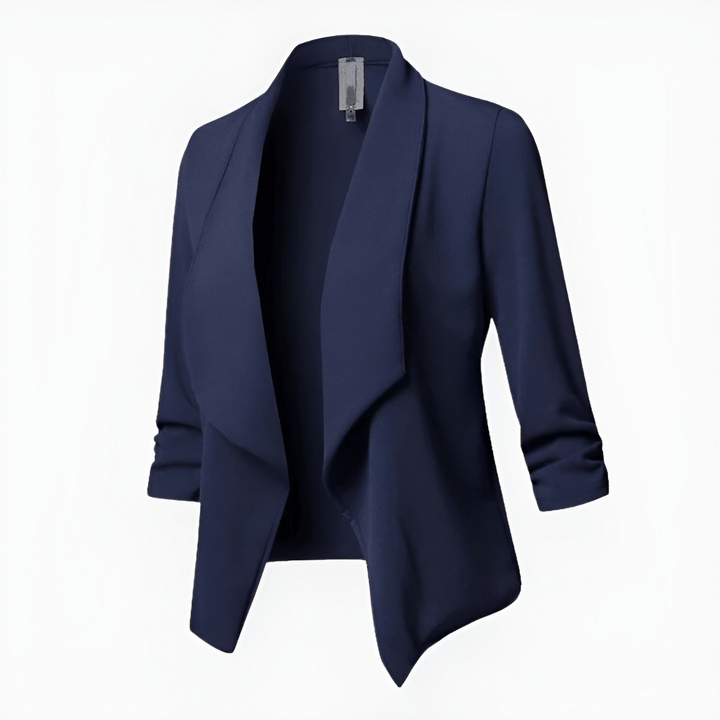 Blazer femme chic Adelheid avec un devant ouvert et des manches trois-quarts élégantes.