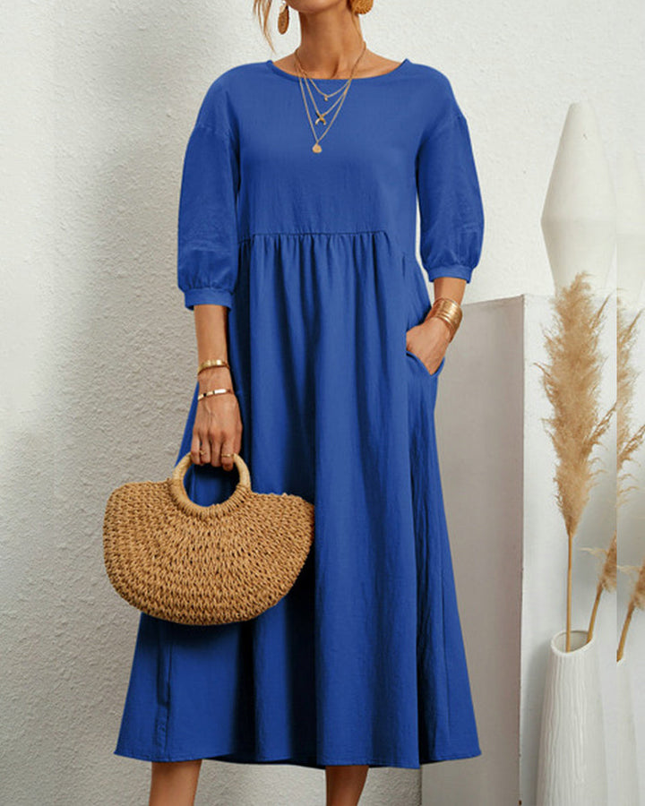 Tiana | Élégante Robe Midi pour Femme en Coton et Lin Naturels avec des Manches Bouffantes - Parfaite pour des Looks Boho Chic Décontractés