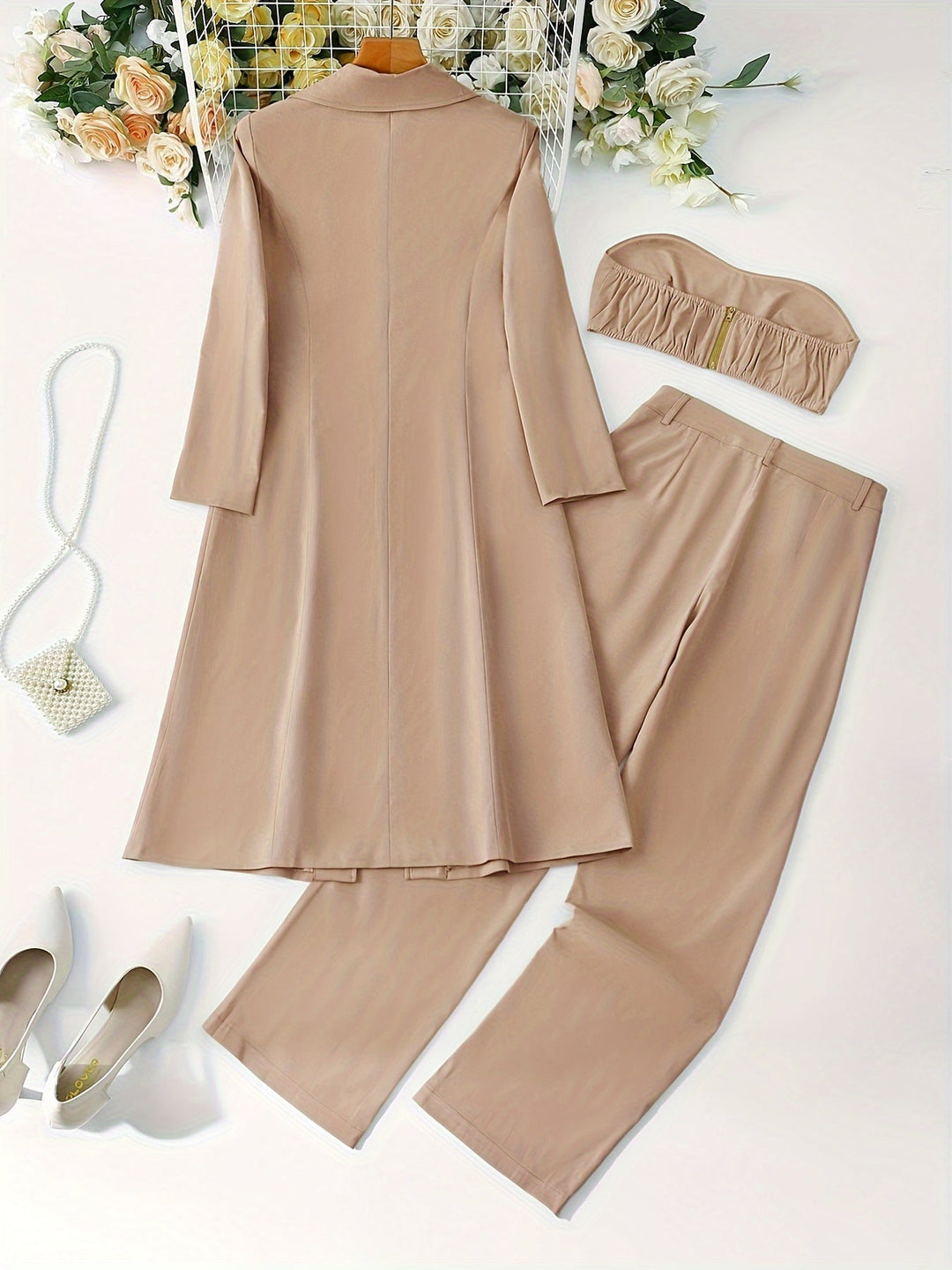 Brynja | Ensemble Élégant Femme avec Imprimé Floral - 3 pièces : Manteau Long, Top Sans Manches et Pantalon Ample pour des Looks Stylés
