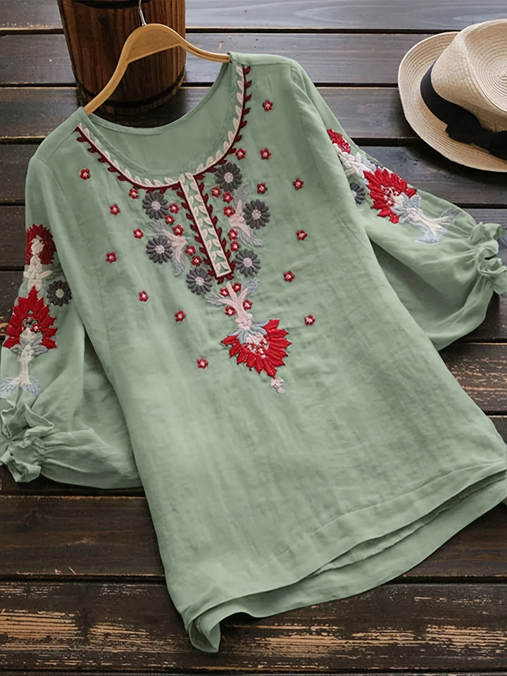 Slavenka Embroidered Floral Blouse - Plus Size, Stylish Casual Short Sleeve Top