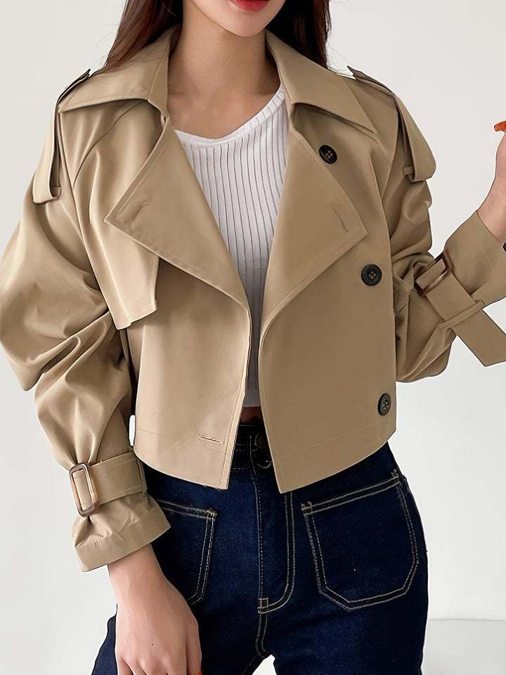 Evelyn - Trench-coat kaki stylé avec col à revers et fermeture à plumes chic pour femme