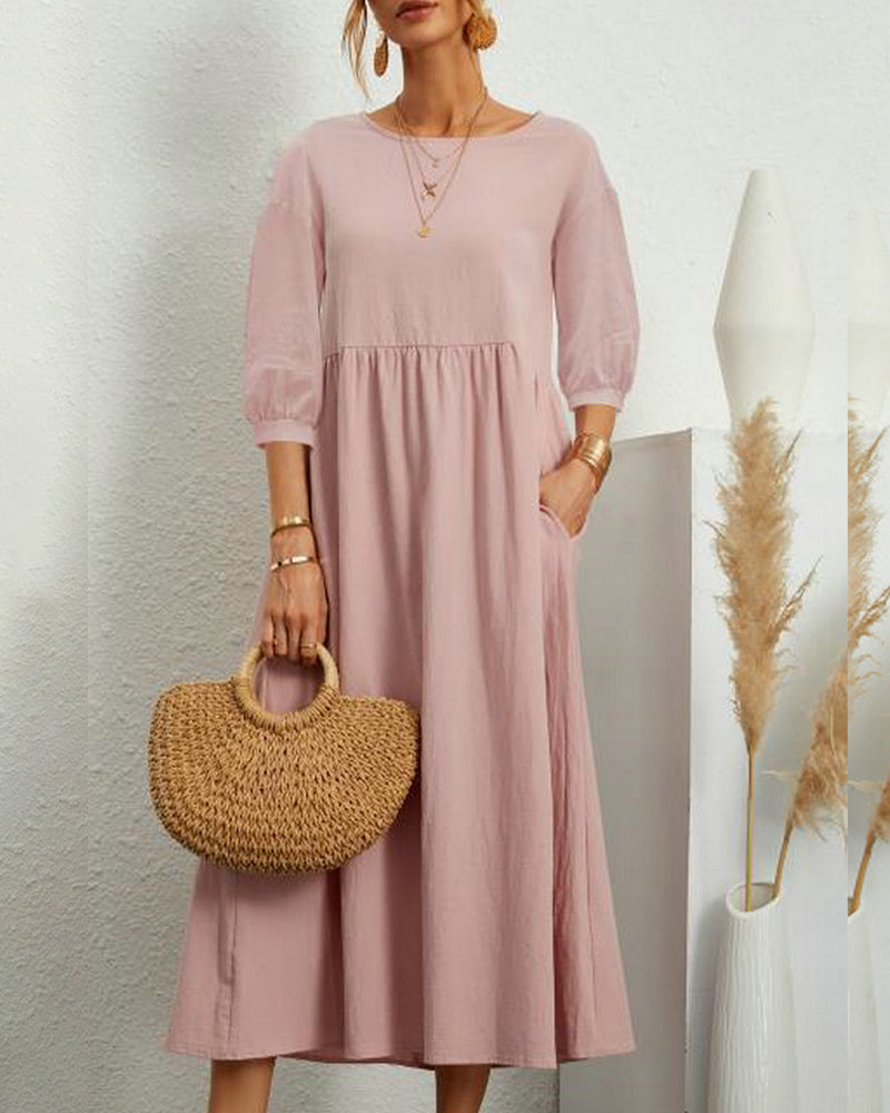 Tiana | Élégante Robe Midi pour Femme en Coton et Lin Naturels avec des Manches Bouffantes - Parfaite pour des Looks Boho Chic Décontractés
