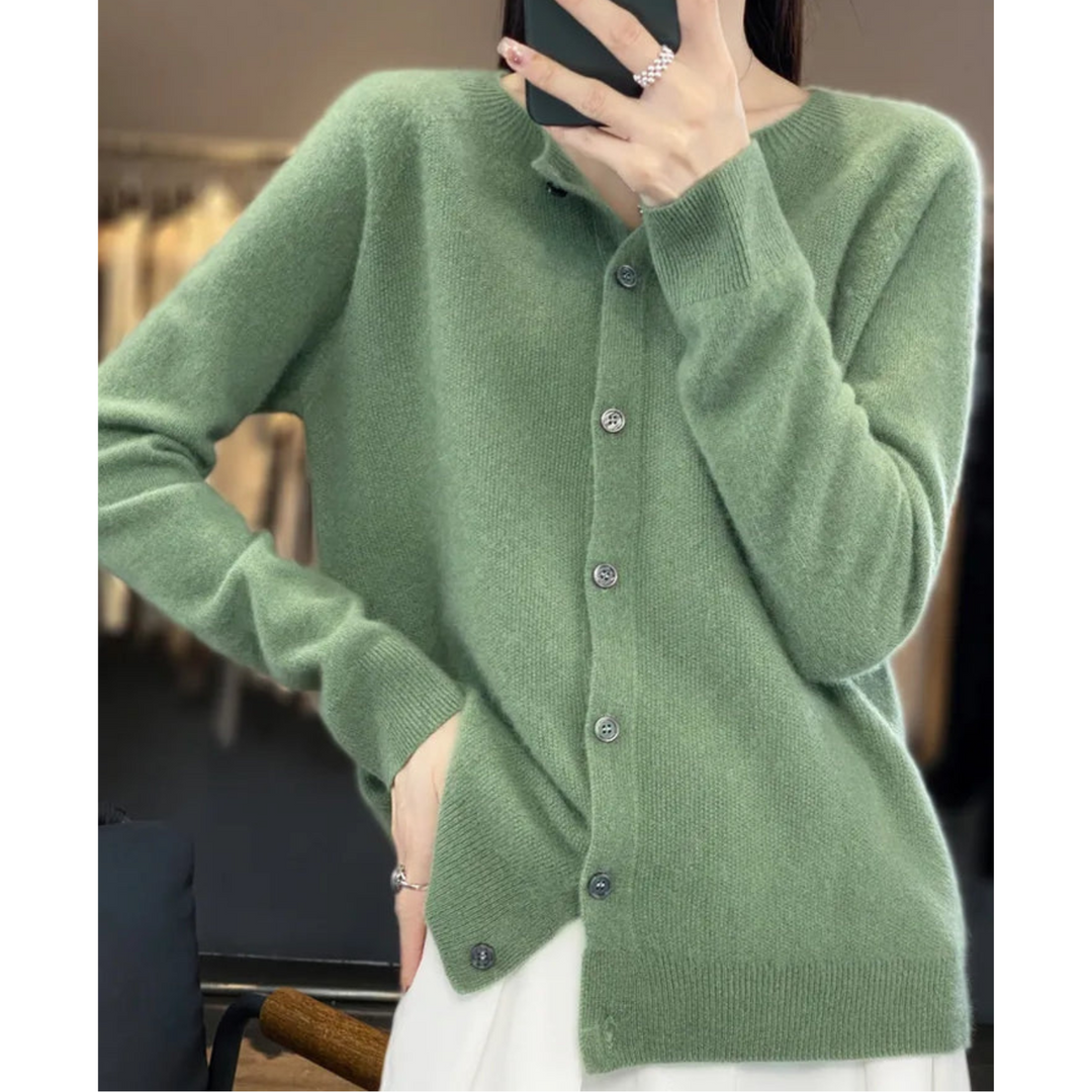 Veste en tricot de luxe pour femmes 100% laine mérinos avec encolure en O et touche de cachemire