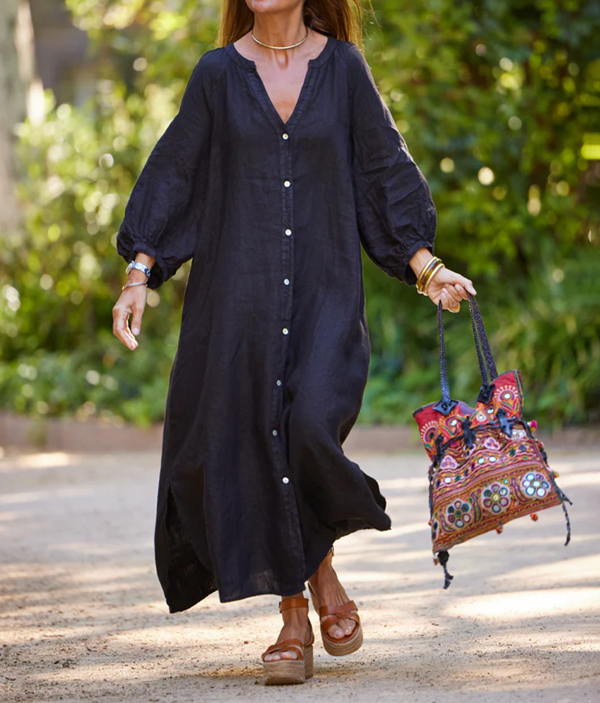 Coleen | Robe en Jaquard Lin Noir Décontractée pour un Confort et un Style Réels