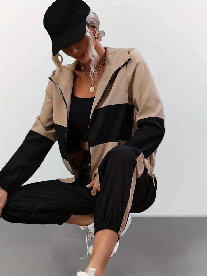 Sandra - Ensemble deux pièces noir stylé avec fermeture éclair pour femmes