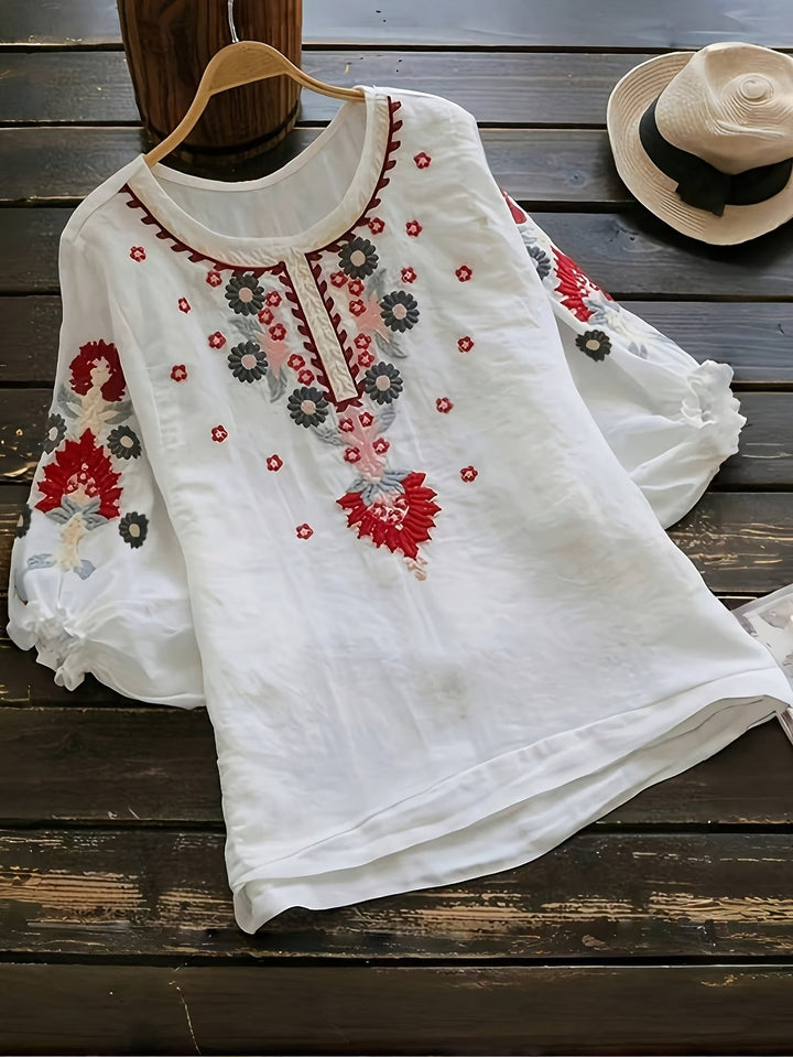 Slavenka Embroidered Floral Blouse - Plus Size, Stylish Casual Short Sleeve Top
