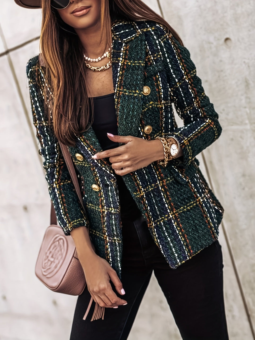 Genevieve | Blazer en Tweed Élégant à Double Boutonnage - Veste à Carreaux Élégante à Manches Longues pour le Bureau et le Travail pour Femmes