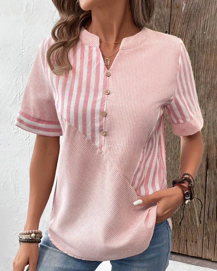 Kresimira | Top patchwork rayé stylé avec manches courtes - Chemisier décontracté pour femmes