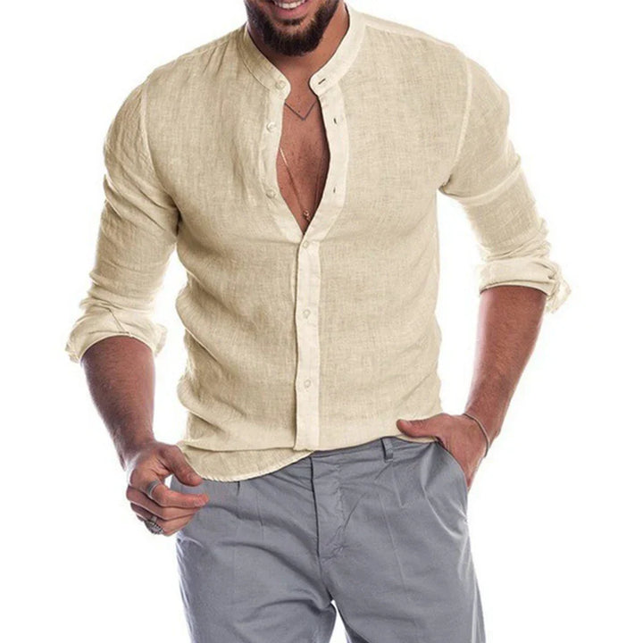 Chemise en Lin Mélangé Stylistique et Respirante avec Col Montant pour un Look Décontracté et Raffiné