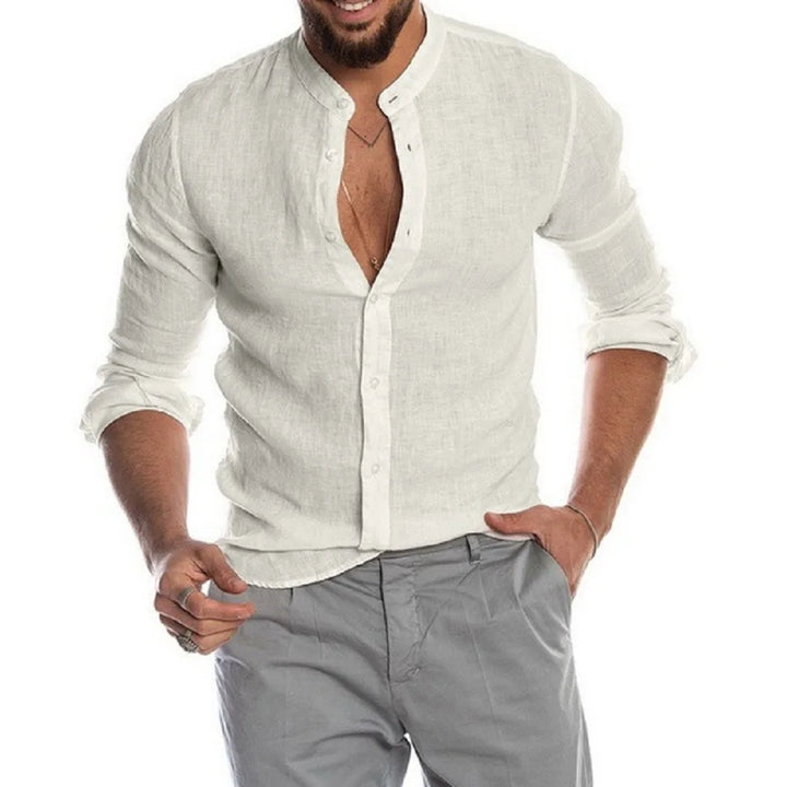 Chemise en Lin Mélangé Stylistique et Respirante avec Col Montant pour un Look Décontracté et Raffiné