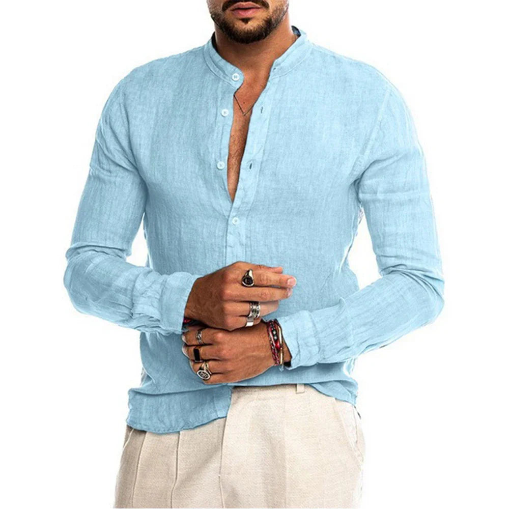 Chemise en Lin Mélangé Stylistique et Respirante avec Col Montant pour un Look Décontracté et Raffiné