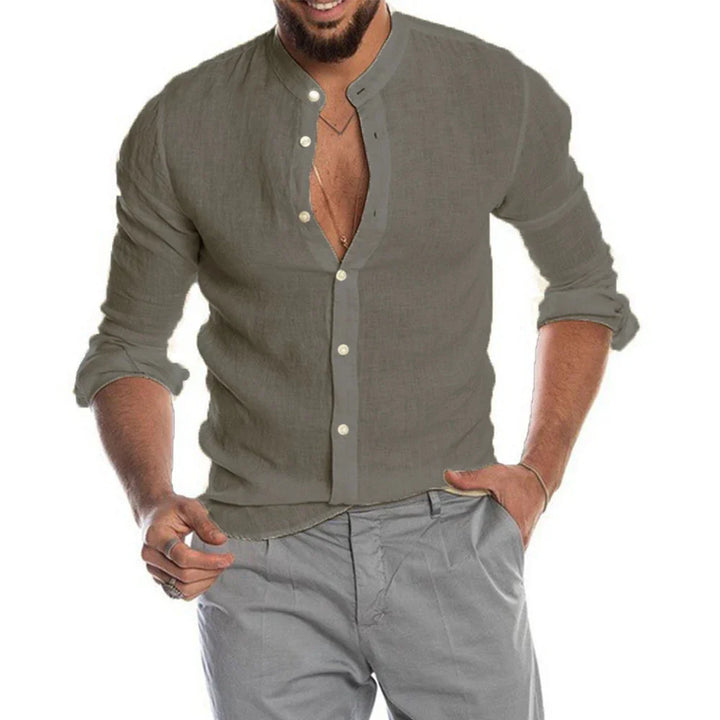 Chemise en Lin Mélangé Stylistique et Respirante avec Col Montant pour un Look Décontracté et Raffiné