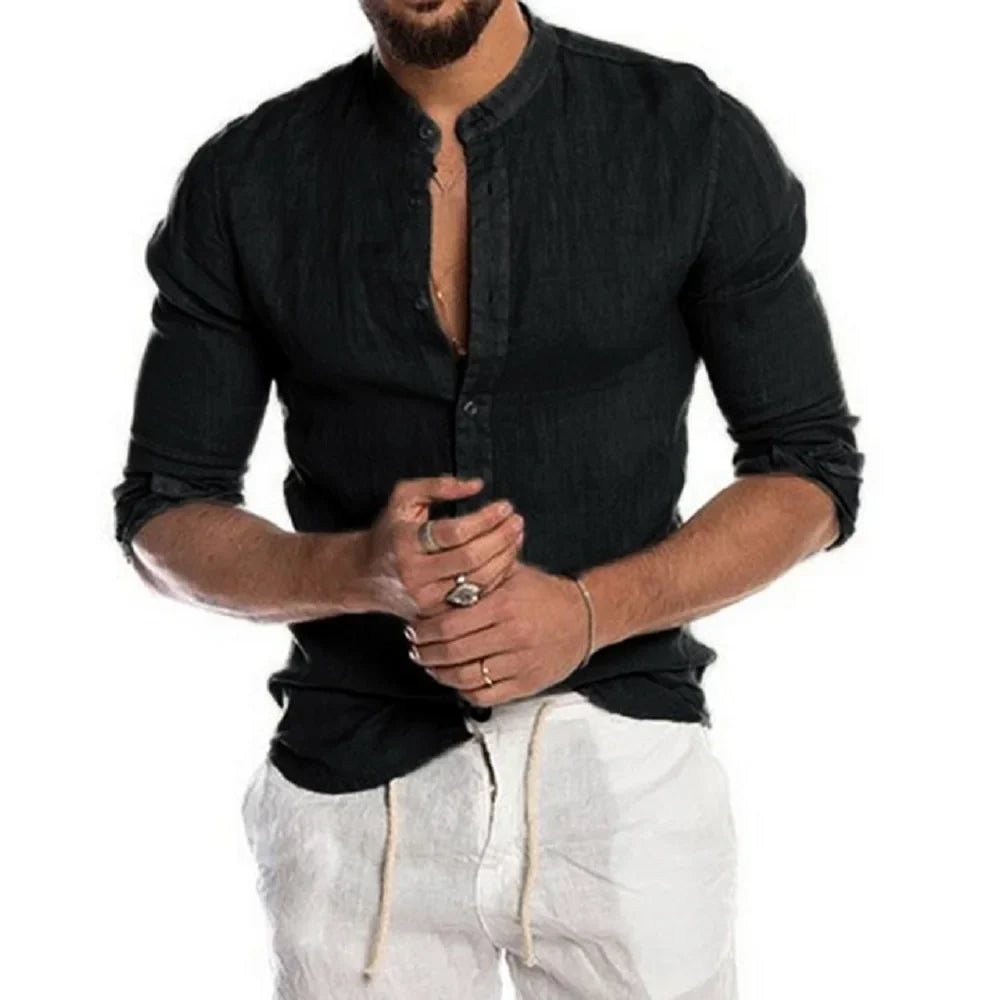 Chemise en Lin Mélangé Stylistique et Respirante avec Col Montant pour un Look Décontracté et Raffiné