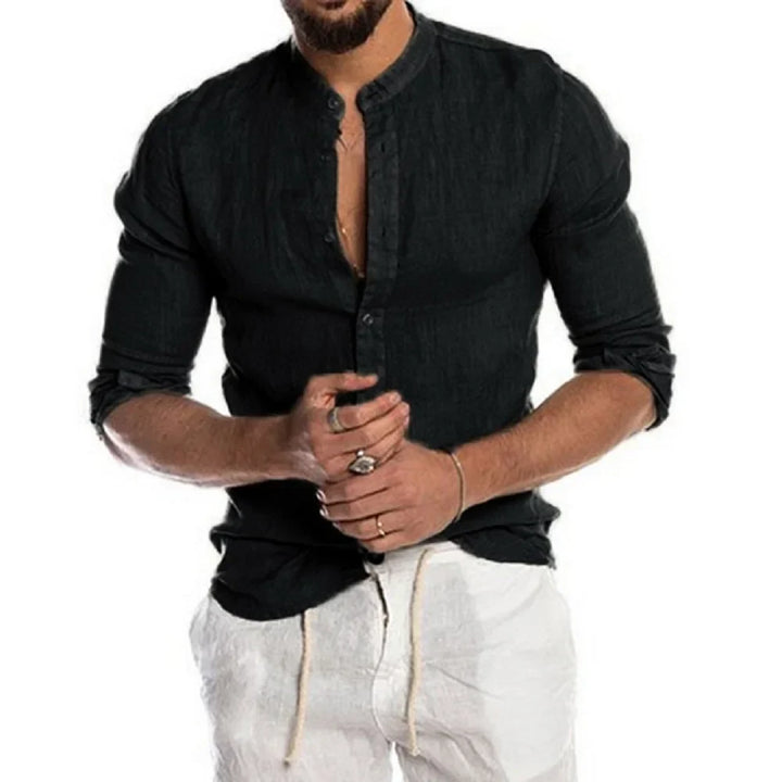 Chemise en Lin Mélangé Stylistique et Respirante avec Col Montant pour un Look Décontracté et Raffiné