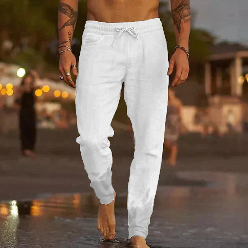 Pantalon casual en lin en beige élégant pour un look stylé et confortable.