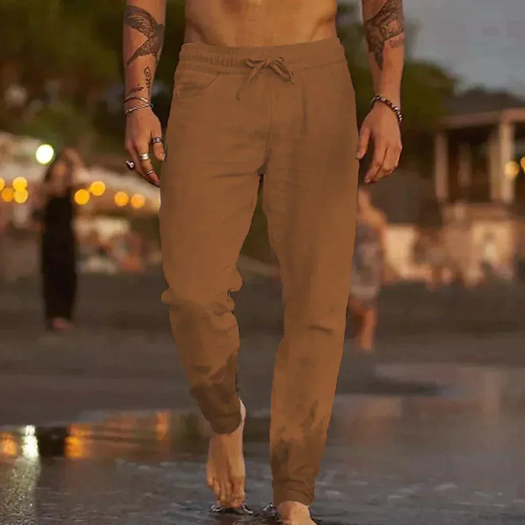 Pantalon casual en lin en beige élégant pour un look stylé et confortable.