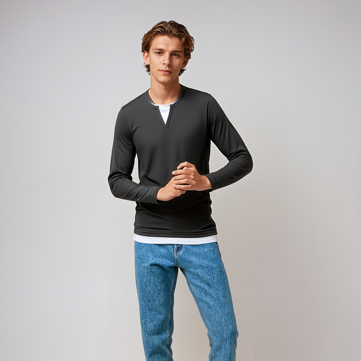Coen™ T-shirt long à manches longues pour hommes, confortable et décontracté, avec un élégant col en V