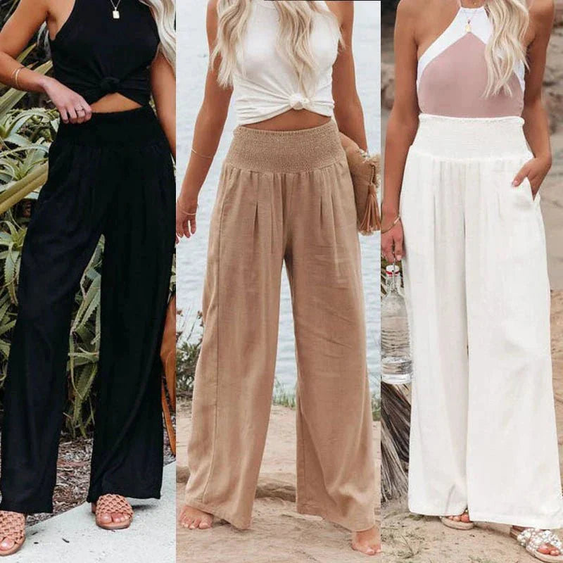 Pantalon d'été léger et confortable avec taille froncé pour un look décontracté.