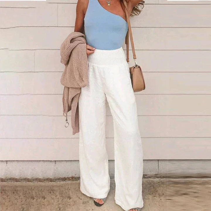 Pantalon d'été léger et confortable avec taille froncé pour un look décontracté.