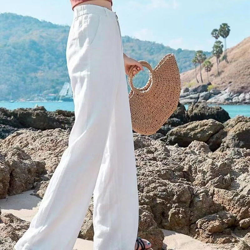 Pantalon en Lin pour Femmes Élégant - Pantalon d'Été Confortable et Ample Taille Haute