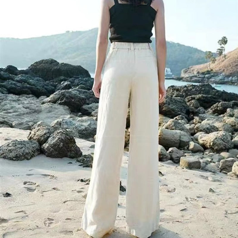 Pantalon en Lin pour Femmes Élégant - Pantalon d'Été Confortable et Ample Taille Haute