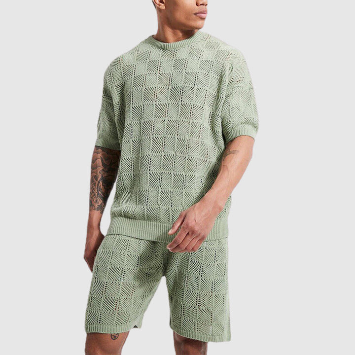 Ensemble Confort Tricoté pour Hommes - Haut Respirant et Short à Manches Courtes avec une Texturé Géométrique Conviviale pour un Plaisir Casual