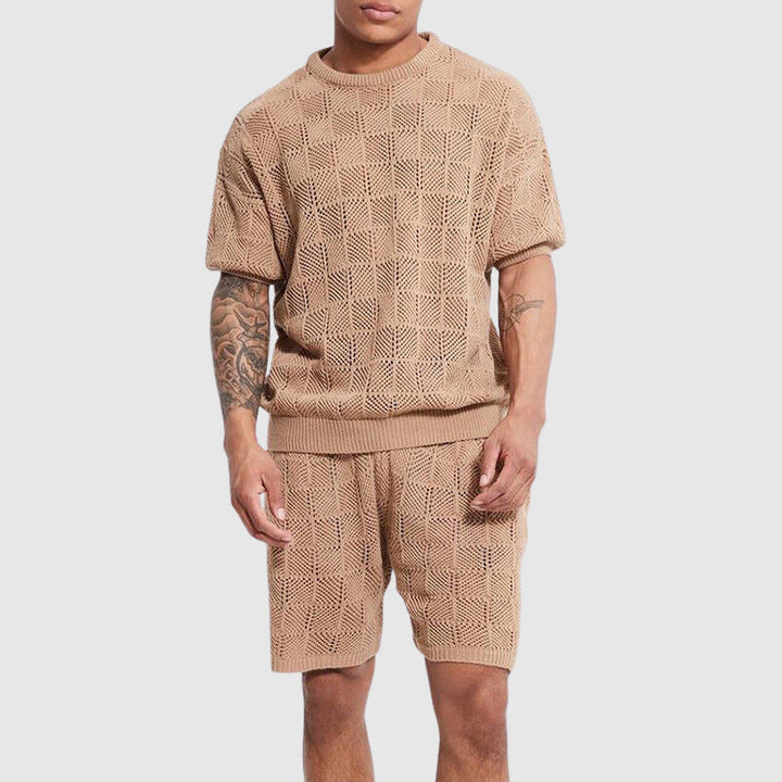 Ensemble Confort Tricoté pour Hommes - Haut Respirant et Short à Manches Courtes avec une Texturé Géométrique Conviviale pour un Plaisir Casual