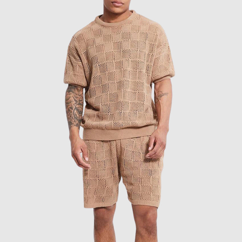 Ensemble Confort Tricoté pour Hommes - Haut Respirant et Short à Manches Courtes avec une Texturé Géométrique Conviviale pour un Plaisir Casual