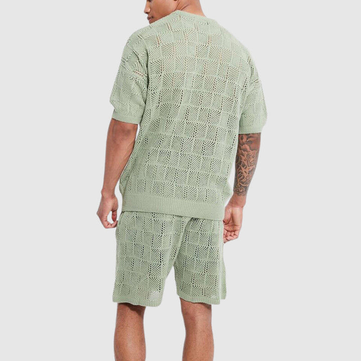 Ensemble Confort Tricoté pour Hommes - Haut Respirant et Short à Manches Courtes avec une Texturé Géométrique Conviviale pour un Plaisir Casual