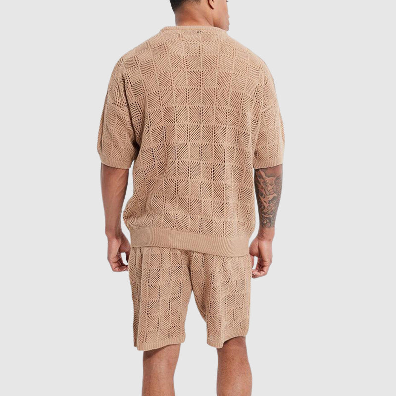Ensemble Confort Tricoté pour Hommes - Haut Respirant et Short à Manches Courtes avec une Texturé Géométrique Conviviale pour un Plaisir Casual