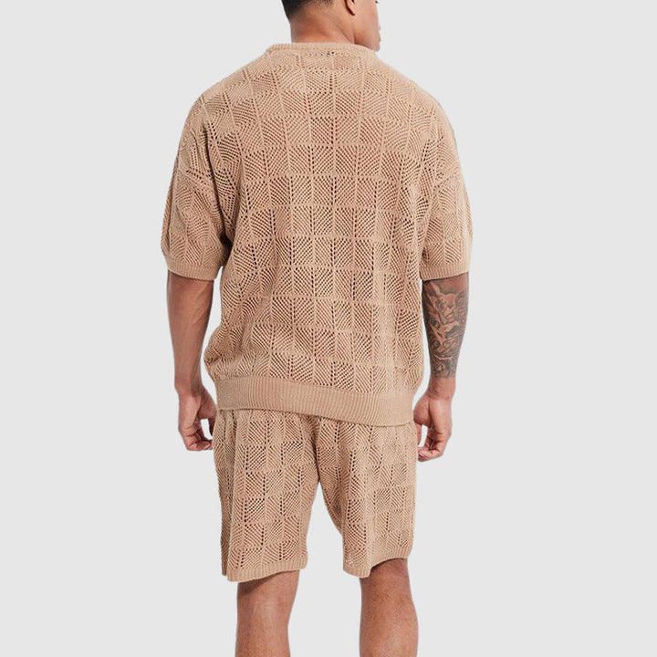 Ensemble Confort Tricoté pour Hommes - Haut Respirant et Short à Manches Courtes avec une Texturé Géométrique Conviviale pour un Plaisir Casual