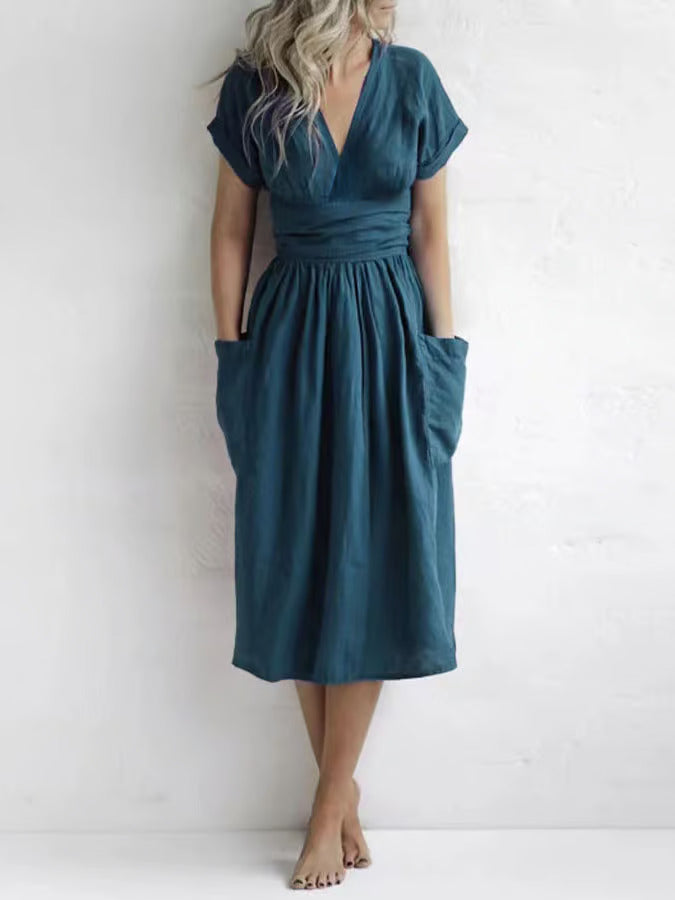 Marita | Élégante robe de chambre midi en coton avec décolleté en V et design sans manches - Confortable et stylée