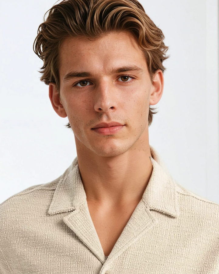Ensemble d'été léger pour hommes en tissu gaufré avec une chemise élégante et un short confortable en beige.