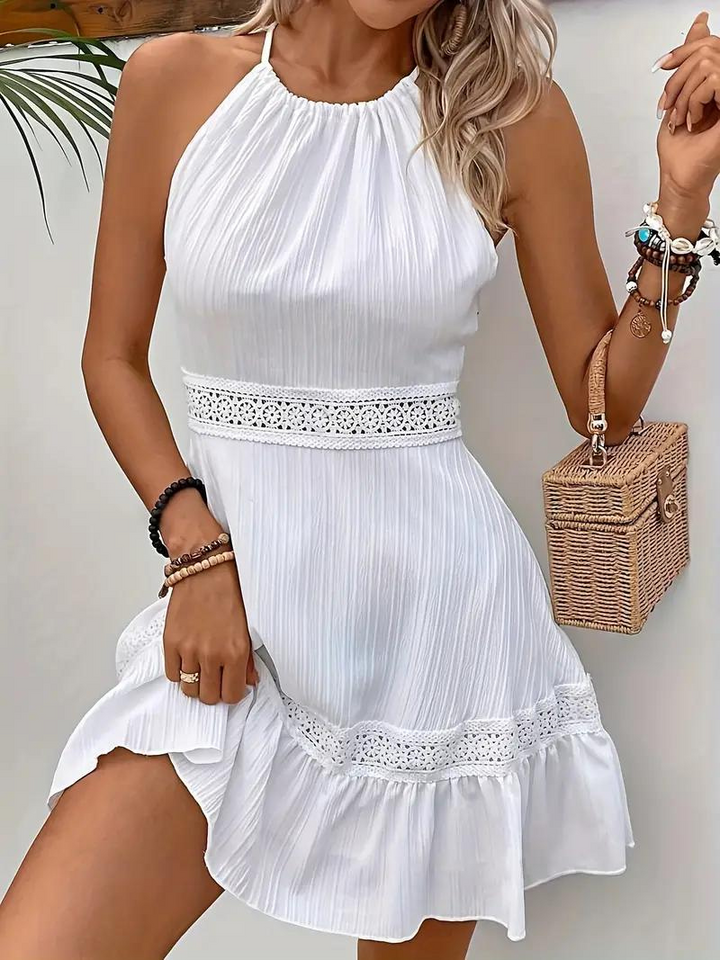 Elisabeth | Robe d'été légère et mini - Col halter, design sans dos, détails en dentelle et confort respirant