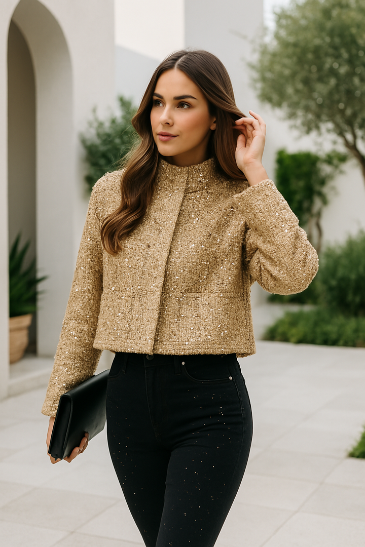 Blazer Élégant Janah avec Détails Scintillants en Or Brillant