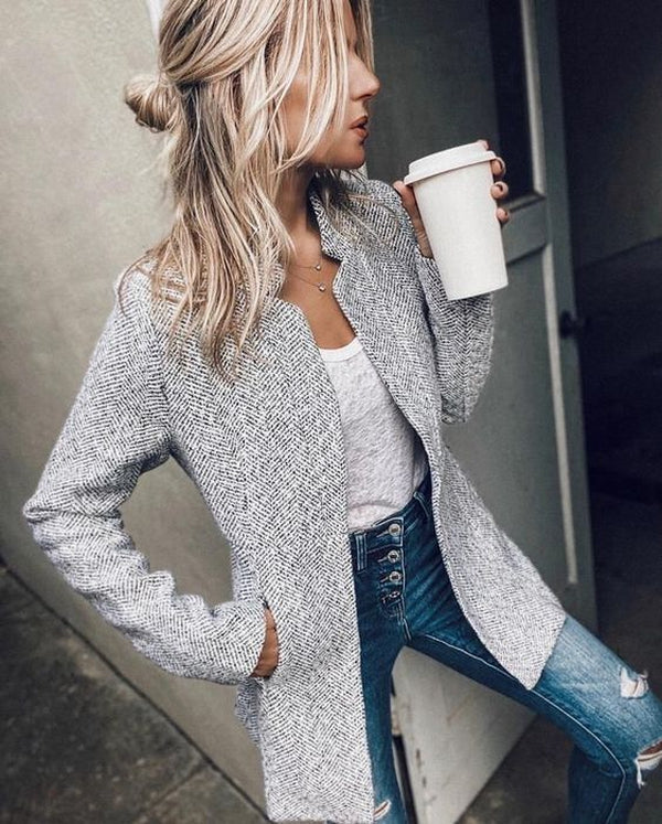 Blazer Élégant Long Olivette pour Femmes avec Ouverture Frontale et Poches Pratiques