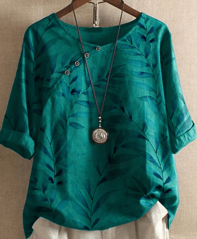 Esmeralda | Blouse élégante avec imprimé feuilles et manches 1/4 avec détail de bouton pour femmes - Chemisier décontracté et stylé inspiré par la nature