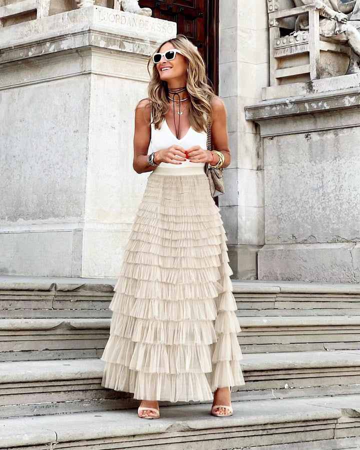 Enice - Jupe maxi élégante et féminine à plusieurs couches avec volants pour un look chic.