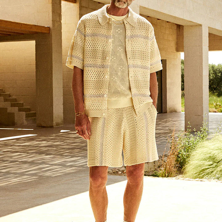 Cardigan Ouvert en Tricot Casual pour Hommes et Ensemble de Shorts - Ajustement Confortable pour un Style Décontracté et un Confort de Port sans Effort