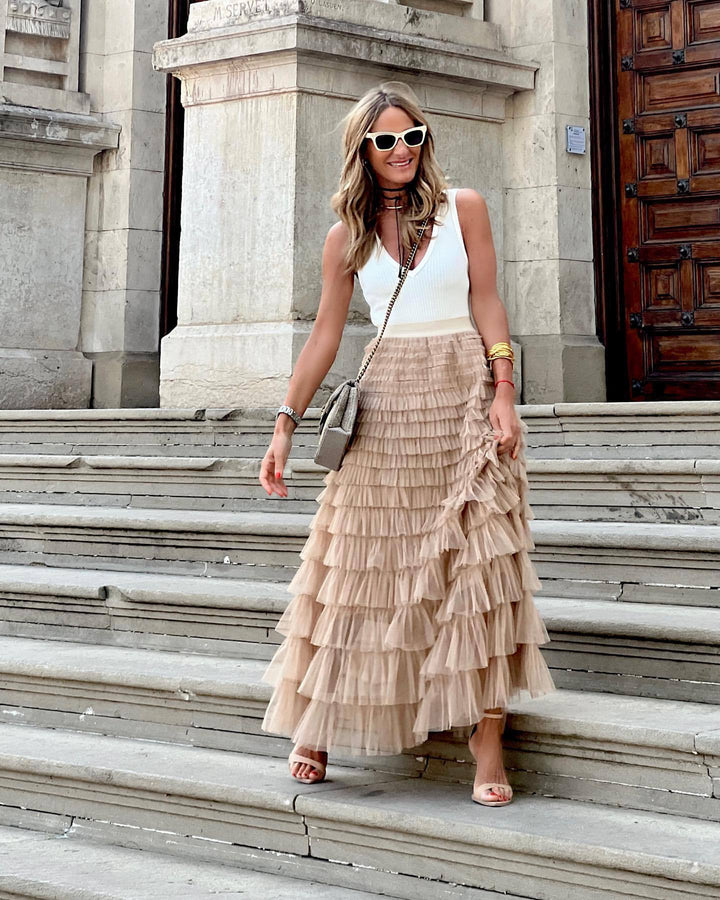 Enice - Jupe maxi élégante et féminine à plusieurs couches avec volants pour un look chic.