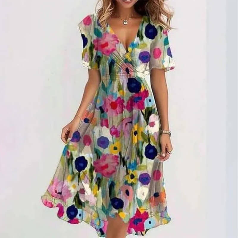 Katleen | Robe midi en chiffon imprimée avec décolleté en V - Mode féminine élégante