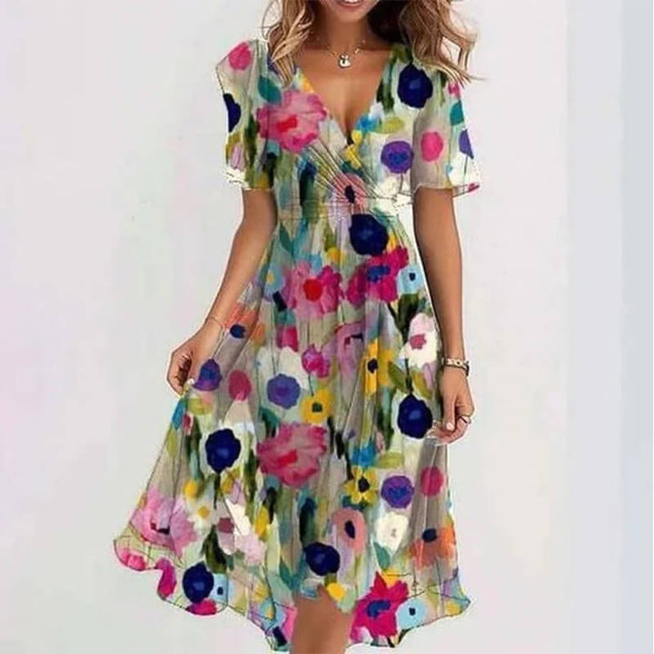 Katleen | Robe midi en chiffon imprimée avec décolleté en V - Mode féminine élégante