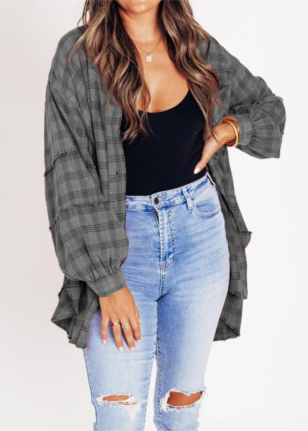 Blanka | Veste en flanelle rétro oversize au style élégant avec bords bruts et poches pratiques